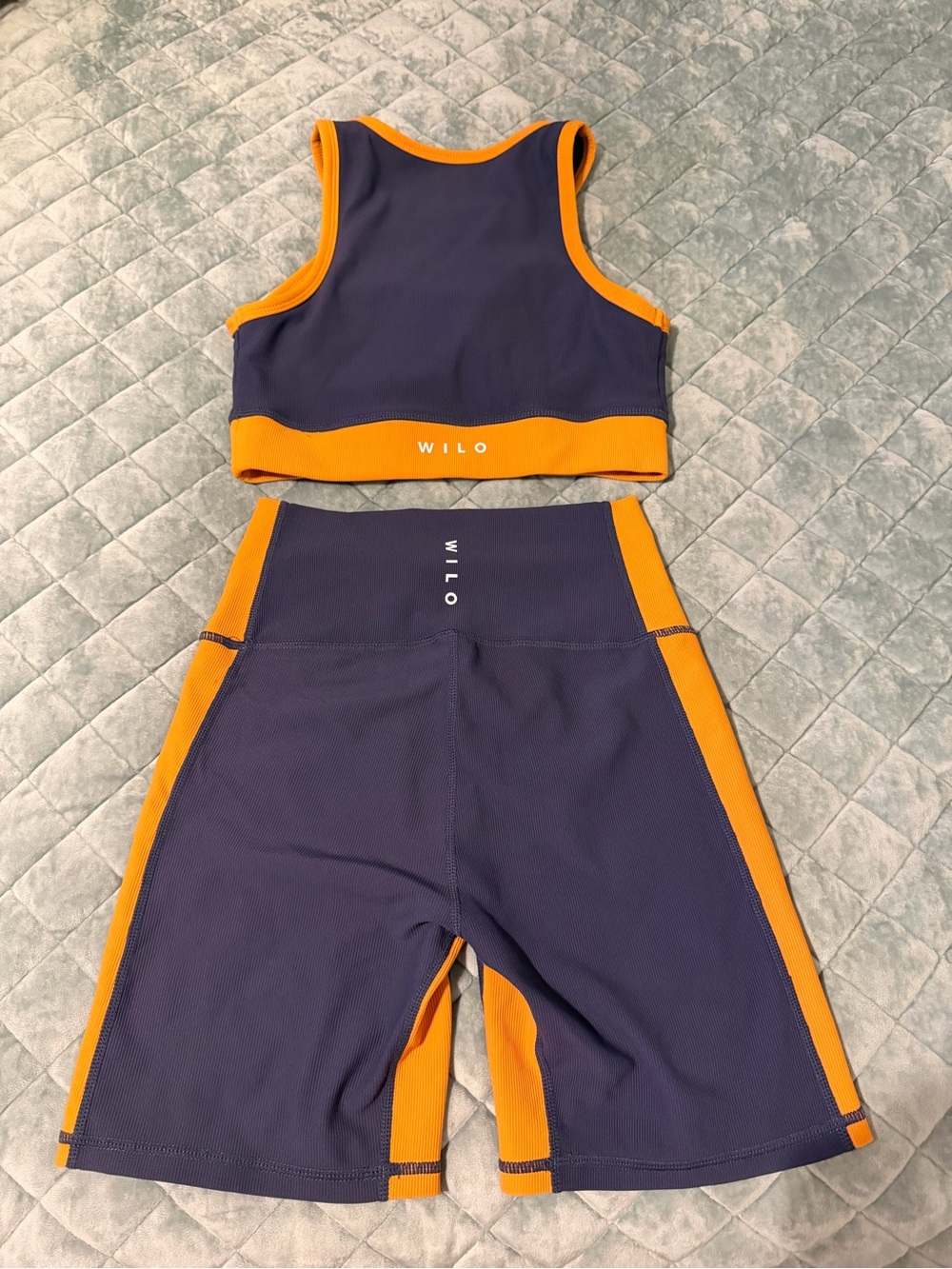 WILO Women's Navy and Orange Sports Bra and Biker Short Set